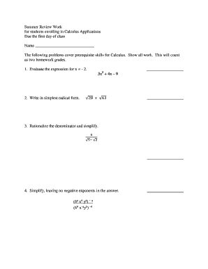 Calculus Applications Summer Review Work