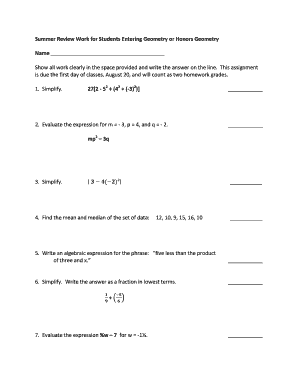 Summer Review Work for Geometry Students