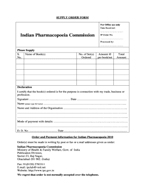 Supply Order Form for Indian Pharmacopoeia