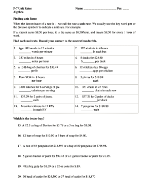 Algebra Unit Rates Worksheet