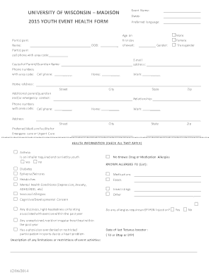 University of Wisconsin Youth Event Health Form