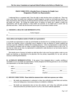 New Jersey Durable Power of Attorney for Health Care