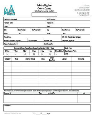 Industrial Hygiene Chain of Custody Form