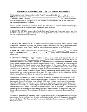 Maryland Standard One Year Lease Agreement