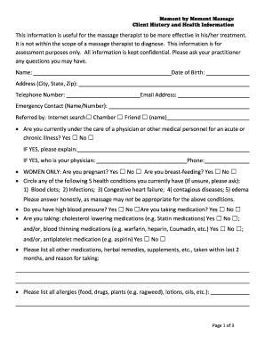 Client Health History Form for Massage Therapy