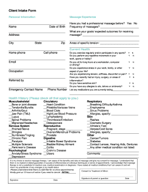 Client Intake Form for Massage Therapy