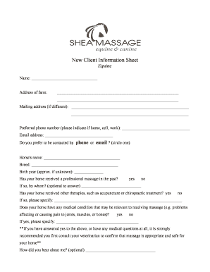 New Client Information Sheet for Equine Massage