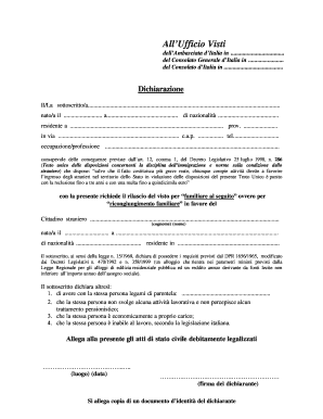 Dichiarazione per il rilascio del visto per familiare al seguito o ricongiungimento familiare