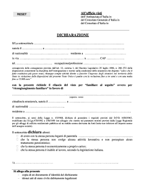 Dichiarazione per visto per familiare al seguito