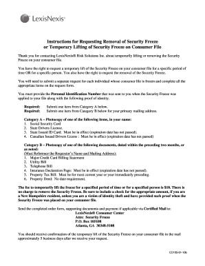 LexisNexis Security Freeze Removal Request Form