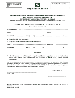 Autocertificazione del diritto all'esenzione dal pagamento del ticket per le prestazioni di assistenza farmaceutica