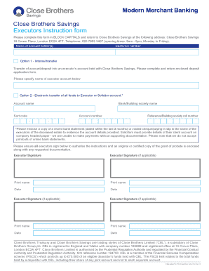 Close Brothers Savings Executors Instruction Form