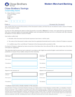 Close Brothers Indemnity Form for Deceased Estate