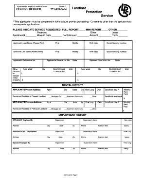 Landlord Protection Service Tenant Application Form