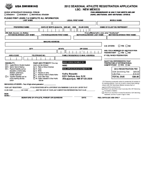 USA Swimming 2012 Seasonal Athlete Registration Application