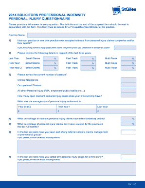Solicitors Professional Indemnity Personal Injury Questionnaire