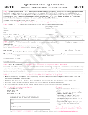 Pennsylvania Birth Record Application