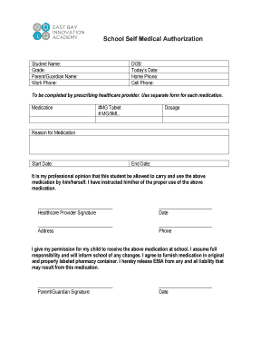 School Self Medication Authorization Form