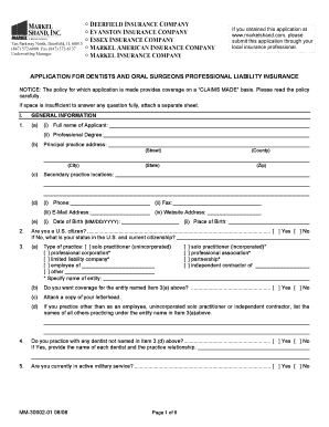 Dentists and Oral Surgeons Professional Liability Insurance Application