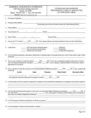 Physicians and Surgeons Professional Liability Application
