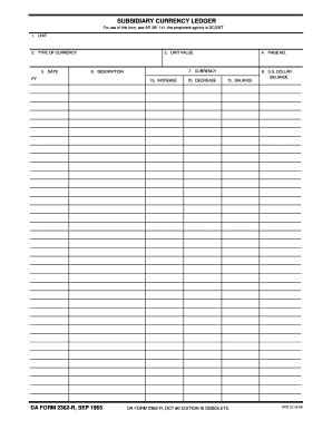 SUBSIDIARY CURRENCY LEDGER DA FORM 2362-R SEP 1965 - apd army