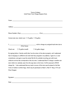 Town of Auburn Solid Waste Toter Change Request Form