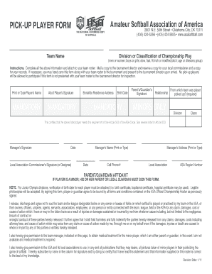 Amateur Softball Association Pick-Up Player Form