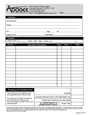 Apogee Rockets Order Form