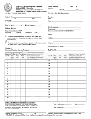 New York City Preschool Related Service Billing Form