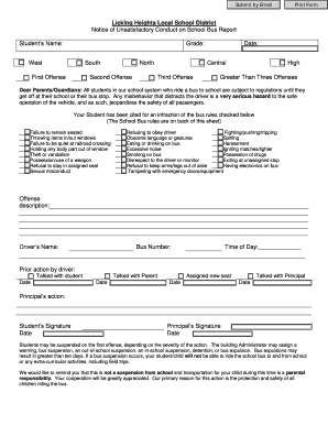 Notice of Unsatisfactory Conduct on School Bus