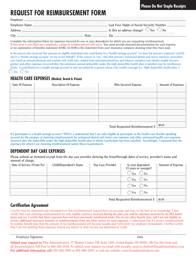 Fillable Online Please Do Not Staple Receipts REQUEST FOR REIMBURSEMENT