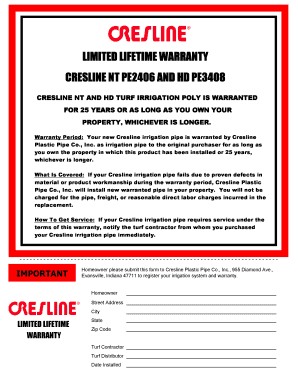 Cresline Irrigation Pipe Limited Lifetime Warranty