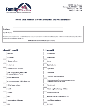 Foster Child Minimum Clothing Standards and Possessions List