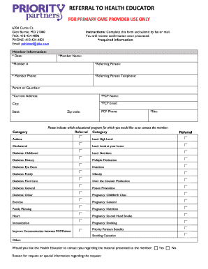Referral to Health Educator Form