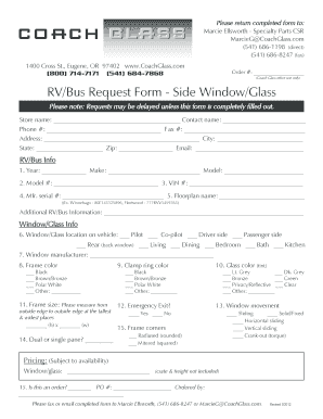 RV Bus Side Window Glass Request Form