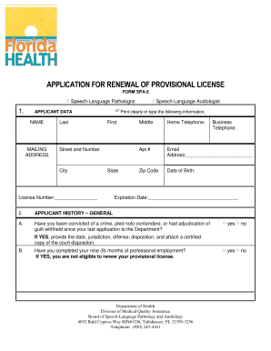 Application for Renewal of Provisional License