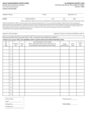 Adult Department Entry Form El Dorado County Fair
