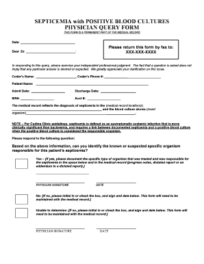 Physician Query Form for Septicemia with Positive Blood Cultures