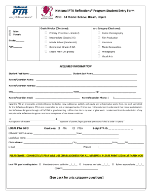 National PTA Reflections Program Student Entry Form
