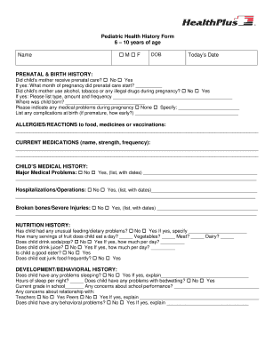 Pediatric Health History Form
