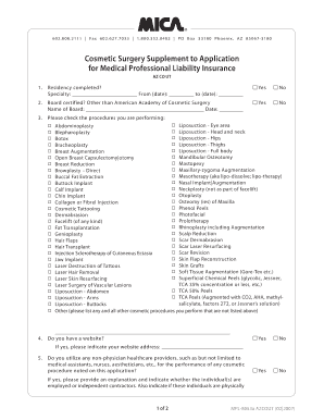 Cosmetic Surgery Supplement to Medical Professional Liability Insurance Application