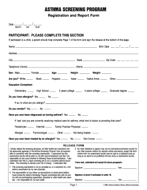 Asthma Screening Program Registration and Report Form