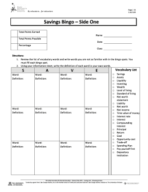 Savings Bingo Educational Activity