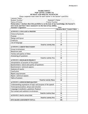 Mark Sheet for Human and Social Sciences