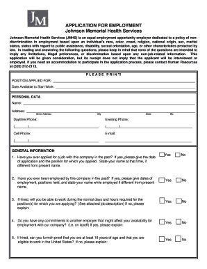 Johnson Memorial Health Services Employment Application