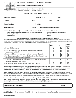 School Based Clinic Vaccination Form