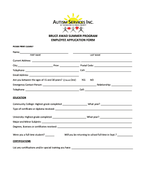 fillable online bruce awad summer program employee application form