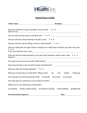 Dental History Form for Child