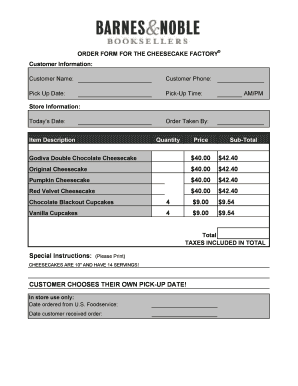 The Cheesecake Factory Order Form
