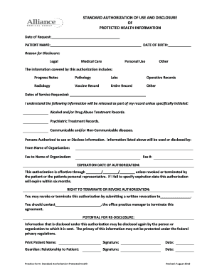 Standard Authorization of Use and Disclosure of Protected Health Information